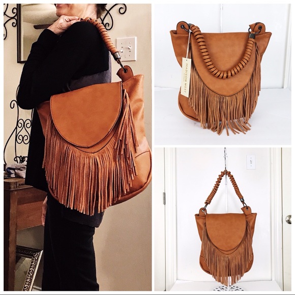 Madison West Handbags - Cognac Tan Vegan Leather Fringed Hobo Shoulder Bag